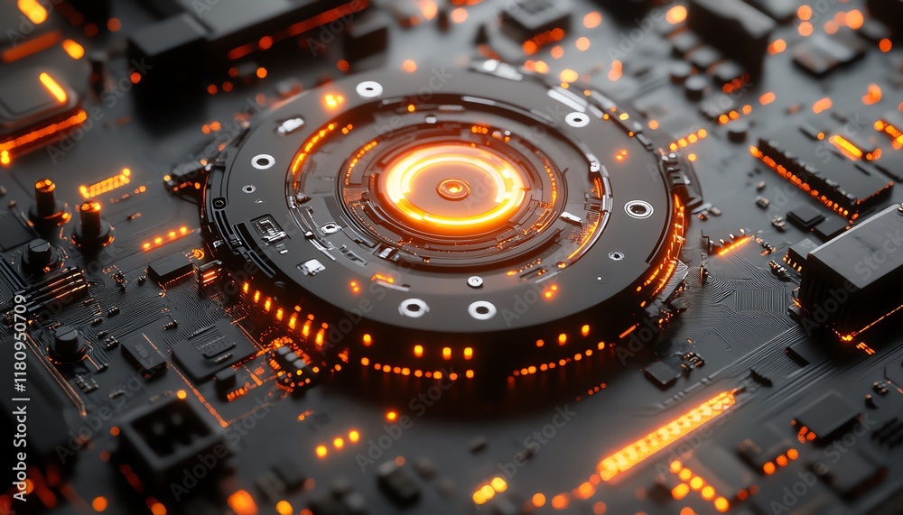 Leinwandbilder Glowing abstract circuitry design on a futuristic circuit board, with hyperrealistic lighting and precision detailing of electronic components