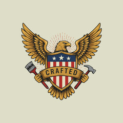A majestic eagle holds a paintbrush and hammer against an American flag shield symbolizing crafted skill.