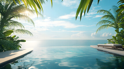 Fototapeta premium Serene Tropical Infinity Pool with Panoramic Ocean Views Surrounded by Lush Greenery