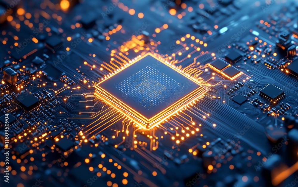 Aufkleber hyperrealistic blue digital technology background, mechanical gears and circuit board patterns, glow