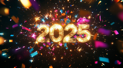 Luxurious "2025" design surrounded by golden sparkles and vibrant confetti bursts-1