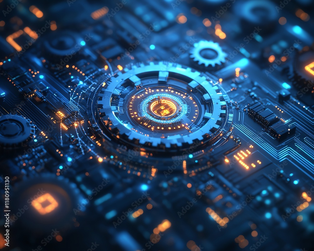 Poster Hyperrealistic blue digital technology backdrop, mechanical gears, intricate circuit board layout, illuminated digital lines, futuristic and sleek tech environment