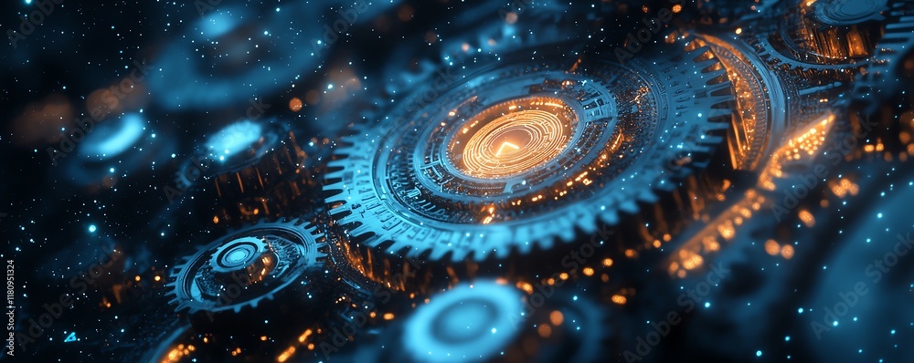 Fototapete hyperrealistic blue digital tech background, mechanical gears and circuit patterns, glowing digital 
