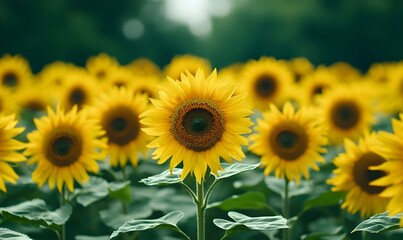 Fototapeta premium Vast Field of Sunflowers, a sweeping view of golden sunflowers stretching towards the horizon under a bright blue sky, evoking warmth and tranquility.