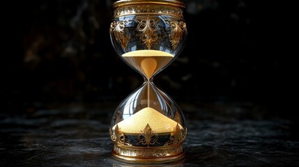 Ornate hourglass with sand flowing, dark background. (1)
