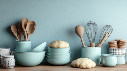 Kitchenware, dough, baking, blue, wall, wood, utensils, preparation