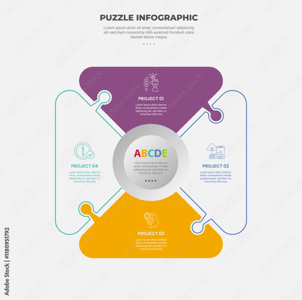 Aufkleber puzzle infographic outline style with 4 point template with round triangle cycle circular with circl