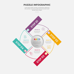 puzzle infographic outline style with 4 point template with circle piechart with rectangle badge on circular cycle for slide presentation