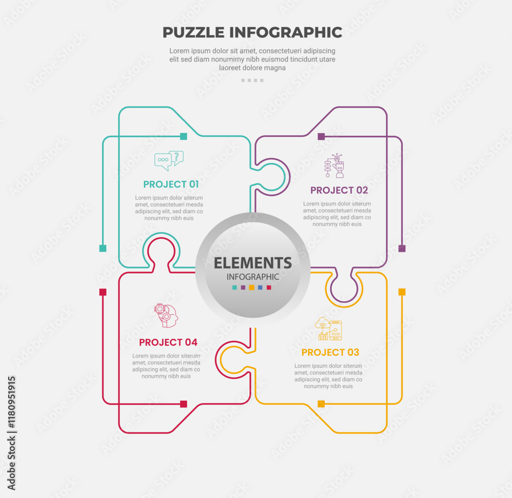 Aufkleber puzzle infographic outline style with 4 point template with square matrix box with circle on center 