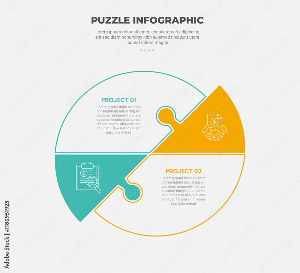 Poster puzzle infographic outline style with 2 point template with big circle versus comparison for slide p