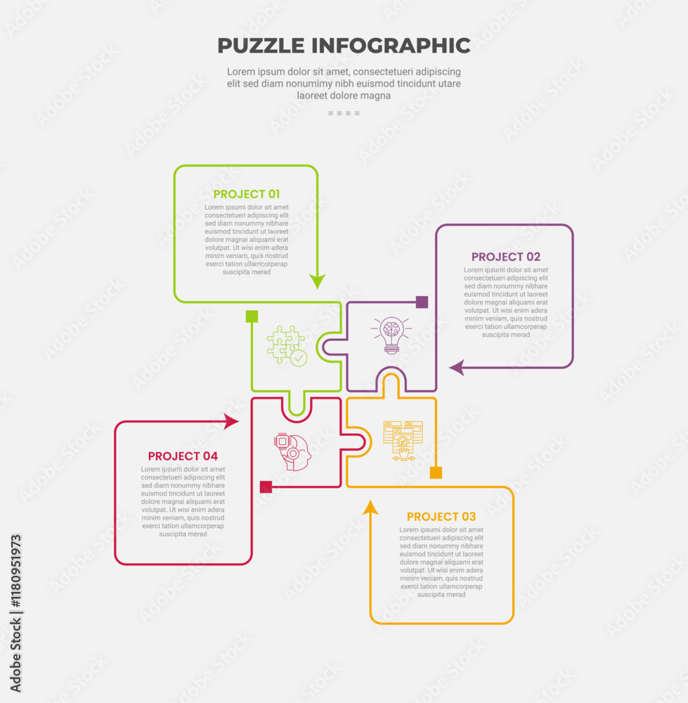 Aufkleber puzzle infographic outline style with 4 point template with square base shape matrix and expanding a
