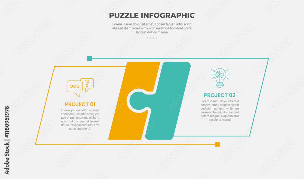 Aufkleber puzzle infographic outline style with 2 point template with skew rectangle box versus comparison hor