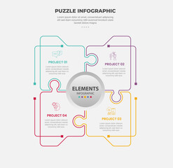 Obraz premium puzzle infographic outline style with 4 point template with square matrix box with circle on center for slide presentation