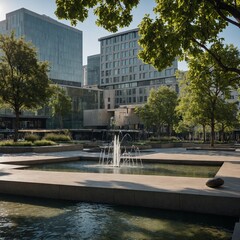 A modern urban square with fountains and green seating areas.