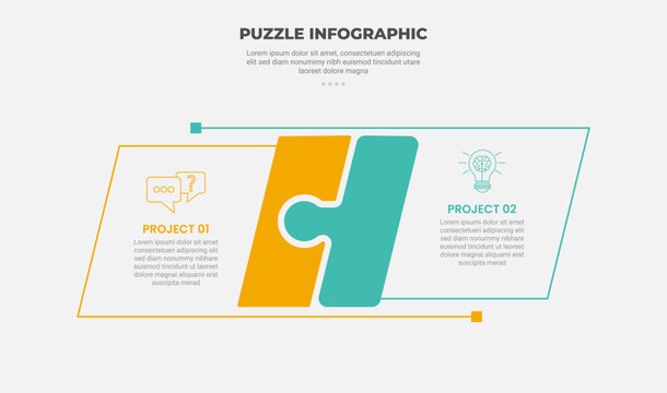 puzzle infographic outline style with 2 point template with skew rectangle box versus comparison horizontal direction for slide presentation