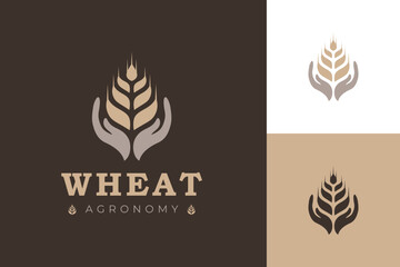 Wheat logo with hand graphic symbol for agronomy vector logo template