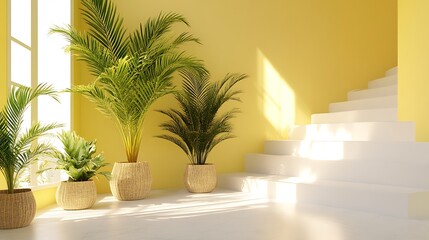Fototapeta premium Sunlit Interior with Plants and White Staircase