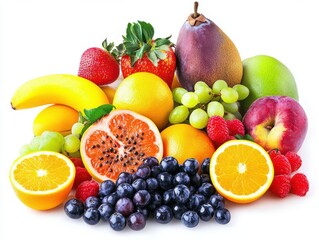 A Colorful Assortment of Fresh Fruits Including Bananas, Grapes, Strawberries, Oranges, Apples, and More for Healthy Eating and Vibrant Food Photography