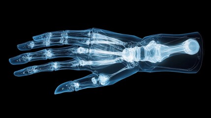 Naklejka premium A transparent x-ray image of a human hand, showcasing bones and joints against a black background.