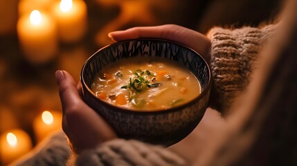 A photo of a person holding a warm bowl of soup during a cozy evening.
