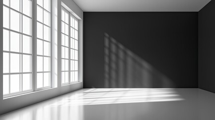 Fototapeta premium Abstract black and white interior background with concrete walls, floor, and ceiling, a minimalism concept. Black room interior design of modern architecture in the light from the window
