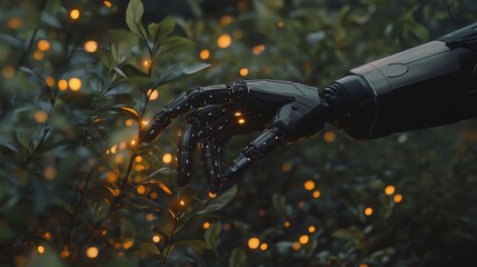 Naklejka premium In a dimly lit garden, a robotic hand gently touches a glowing plant, symbolizing the fusion of nature and technology in an otherworldly moment.