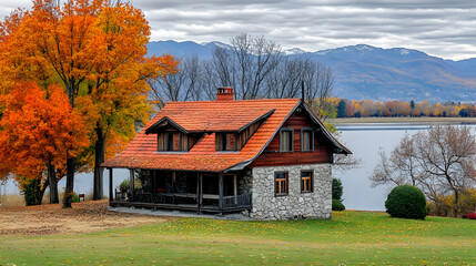 Obraz premium Autumn Lakeside Cottage Illustration