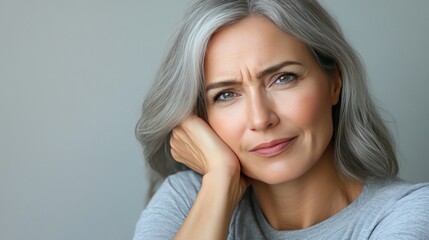 Fototapeta premium Portrait of a pensive mature woman with grey hair, thoughtful expression, and hand on cheek, conveying a sense of contemplation and introspection.