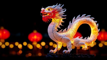 Fototapeta premium Dragon-shaped lantern display, vibrant colors illuminating the night, celebrating cultural heritage, enchanting atmosphere, intricate craftsmanship, festive spirit.