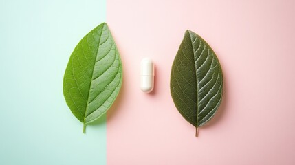 The image features two green leaves on a pastel background, flanking a white capsule, symbolizing the connection between nature and health.