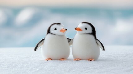 Obraz premium Two fluffy penguins stand cheek-to-cheek on snow, exuding warmth and companionship in a serene Arctic landscape under a pastel sky.