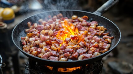 Sizzling bacon cooking in pan kitchen setting food photography crispy texture close-up view for delicious breakfast inspiration