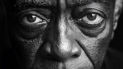 Close-up black and white portrait of an elderly man's face, showing wrinkles, texture, and intense gaze.
