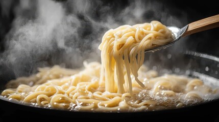 Pasta being pulled from boiling water kitchen food photography steamy environment close-up view detailed view of cooking process