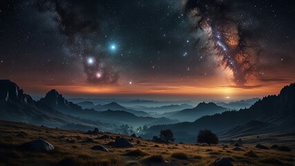 Obraz premium Mysteriöse Weltraumlandschaft mit leuchtenden Nebeln, fernen Planeten und kosmischen Strukturen - eine faszinierende Reise durch unbekannte Galaxien