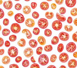 Assorted Halved Tomatoes on White Background, Showcasing Varied Colors and Textures, Ideal for Use in Culinary Designs and Healthy Eating Concepts