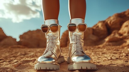 A high-fashion desert theme with metallic sunglasses and rugged ankle boots