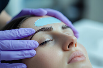 Relaxation and Rejuvenation: Close-up shot of a woman receiving a relaxing facial treatment, her eyes closed in peaceful contentment as a therapist's gloved hands gently massage her forehead.