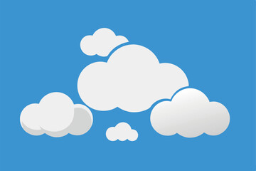 Obraz premium Cartoon white clouds icon set isolated on blue background. Cloudscape in flat style. Blue sky cloud weather symbol. Vector illustration cloudy panorama 