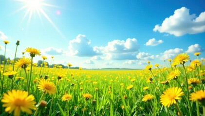 Fototapeta premium Sunny field of golden dandelions under a vibrant blue sky , joyful, bloom
