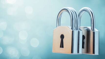 Closeup of two padlocks on a vibrant blue background, symbolizing security, protection and data...