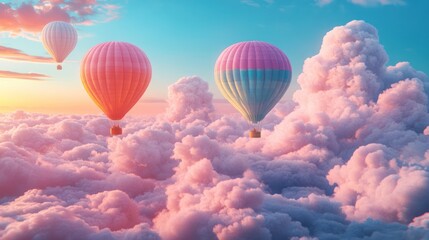 Fototapeta premium Hot air balloons soar above pink clouds at sunset, dreamy travel poster