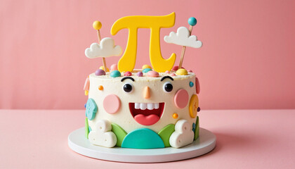 Fun and colorful cake with Pi symbol and smiling face on a pink background