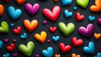 Obraz premium A vibrant array of colorful hearts in various sizes scattered against a dark background, creating a playful and cheerful atmosphere.
