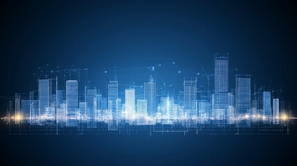 Naklejka premium Cityscape of Tomorrow: A mesmerizing, digitally-rendered cityscape, bathed in a deep blue hue, evokes a sense of futuristic progress and technological advancement.