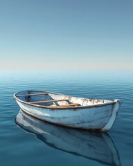 Naklejka premium Lonely rowboat floating on glassy blue ocean, clear sky stretching above, calm horizon, soothing reflection, ultrarealistic visuals, 4K