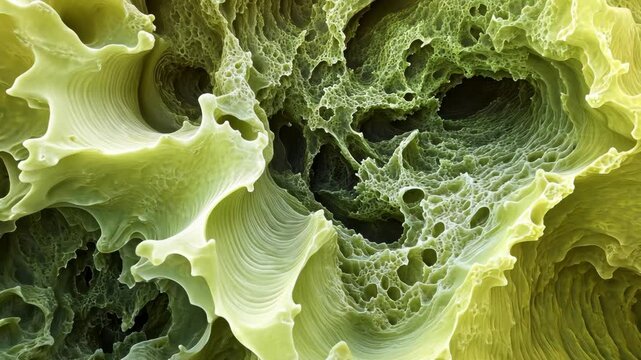 Intricate green patterns observed under a microscope showcasing organic structures and textures in vibrant detail
