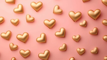 Fototapeta premium A playful arrangement of golden heart shapes on a soft pink background, creating a romantic and festive atmosphere.