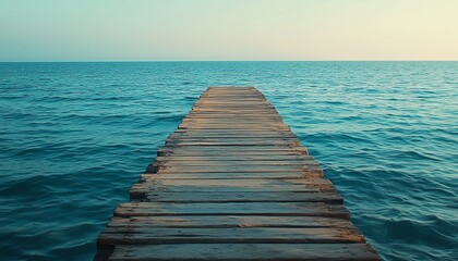 Fototapeta premium Long wooden pier extending over a calm blue sea, serene evening light, golden hour reflections, tranquil atmosphere, ultraHD, cinematic view