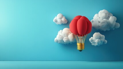 Red idea lightbulb hot air balloon floats among clouds, blue background, creative concept
